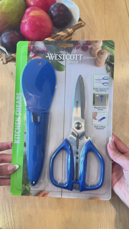 Westcott Kitchen Shear with detachable handles includes Sheath with built in Ceramic Sharpener, Blue (00861)