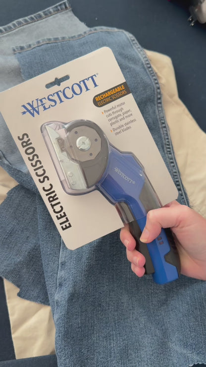 Westcott Rechargeable Electric Scissors, Cordless Power Scissors with Built-In Battery, Stainless Steel Blades Cut Up to 1/4", Ergonomic Comfort Grip, Cuts Cardboard, Fabric, Plastic & Packaging (00999-Parent)