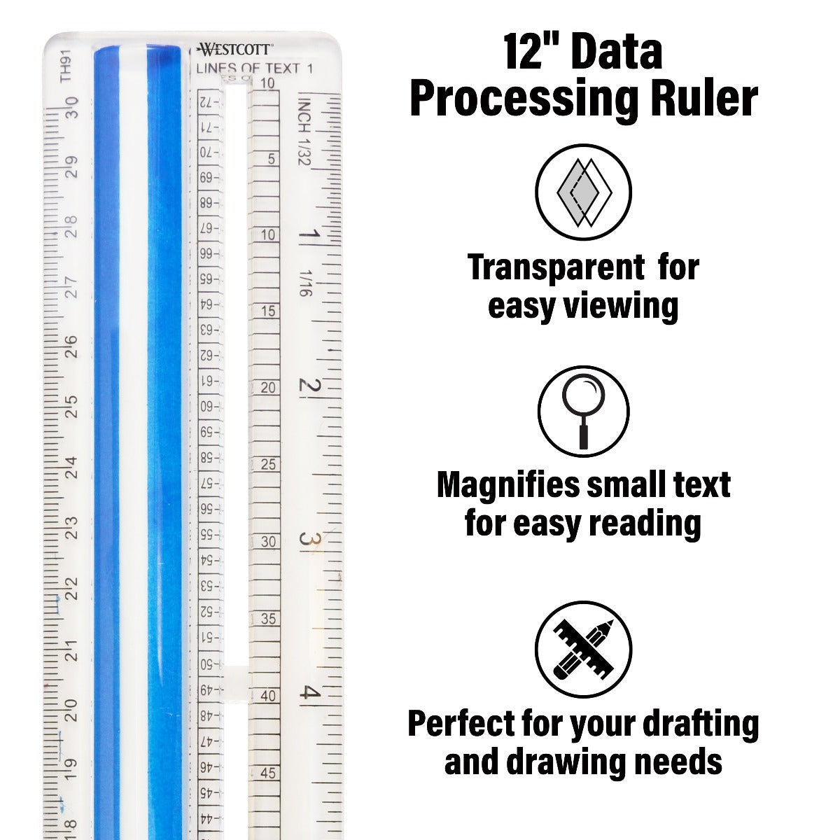 Westcott 12’’ Data Processing Magnifying Ruler Clear (14125)