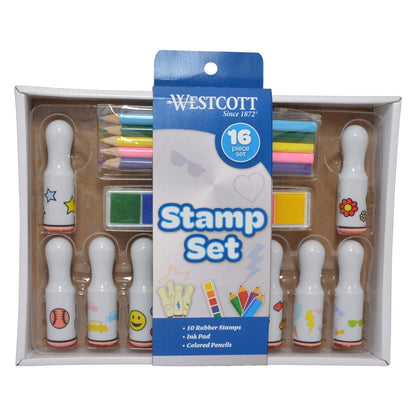 Westcott 16-Piece Stamp Set Includes 10 Stamps Colored Pencils and Multi-Color Ink Pad (17972) - World’s Favorite