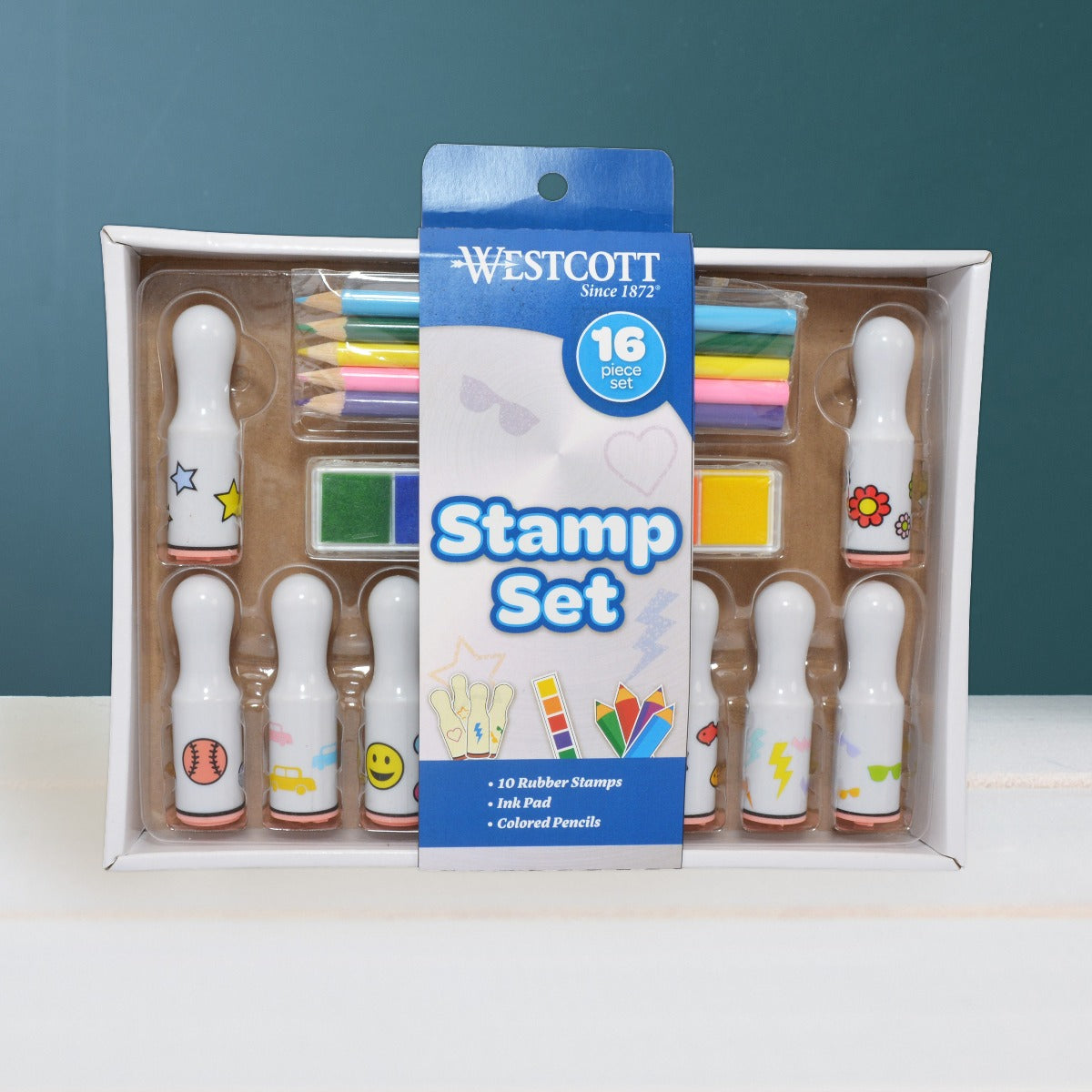 Westcott 16-Piece Stamp Set Includes 10 Stamps Colored Pencils and Multi-Color Ink Pad (17972) - World’s Favorite