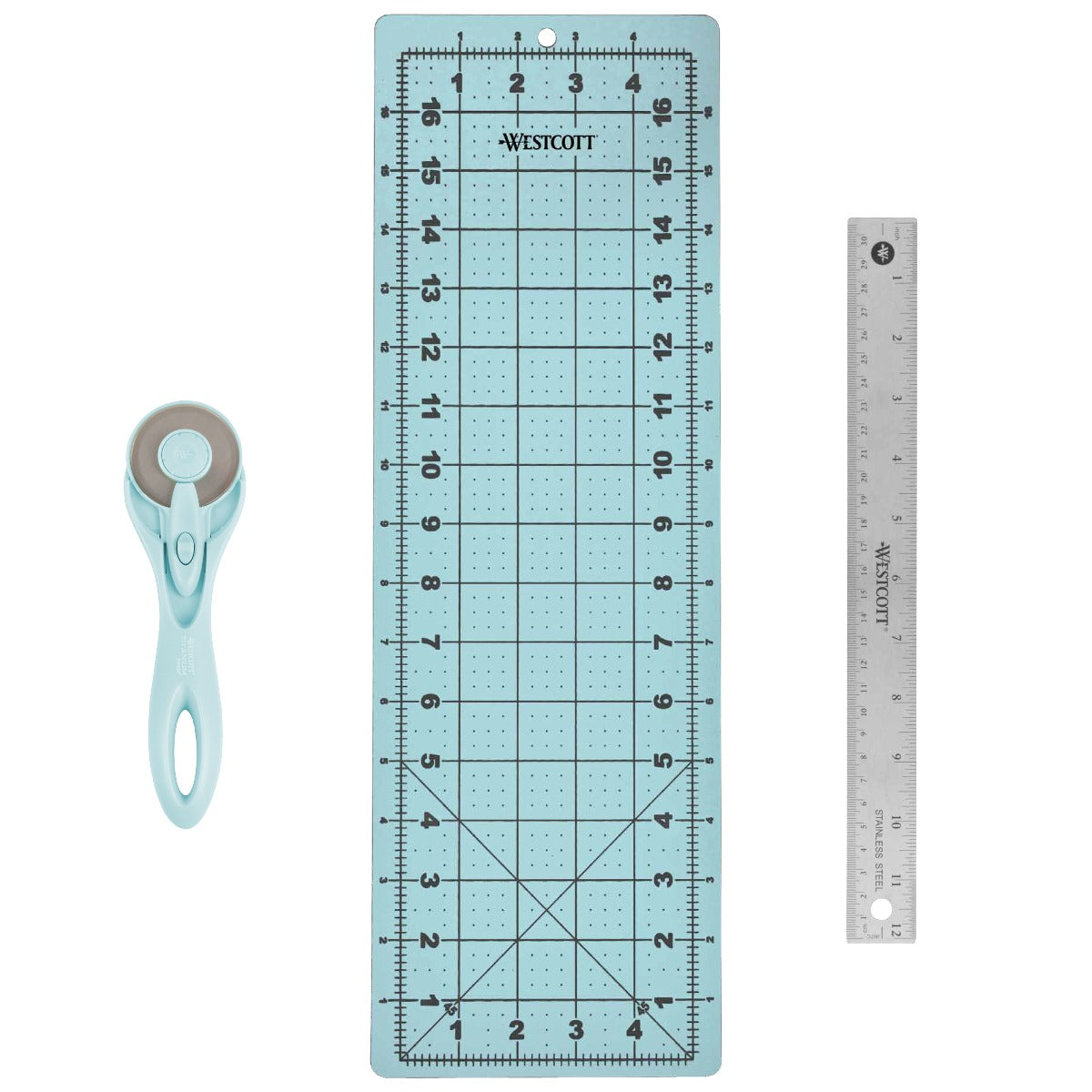 Westcott 3-Piece Craft Set - 45mm Rotary Cutter for Fabric Cutting Mat and Ruler (14798)