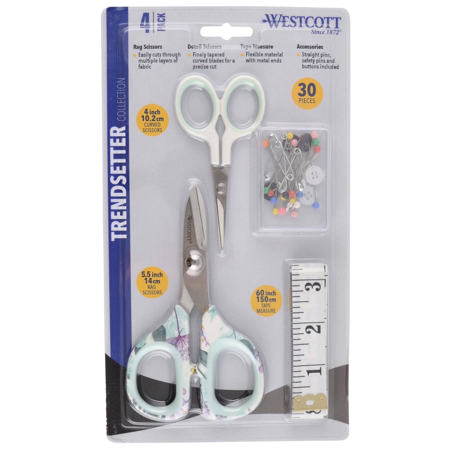 Westcott 4-Piece Sewing Set with Rag Scissors Embroidery Tape Measure Box of Pins and Buttons for Fabric Quilting
