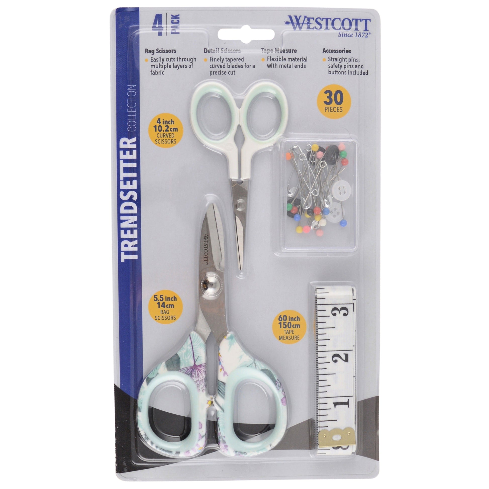 Westcott 4-Piece Sewing Set with Rag Scissors Embroidery Tape Measure Box of Pins and Buttons for Fabric Quilting