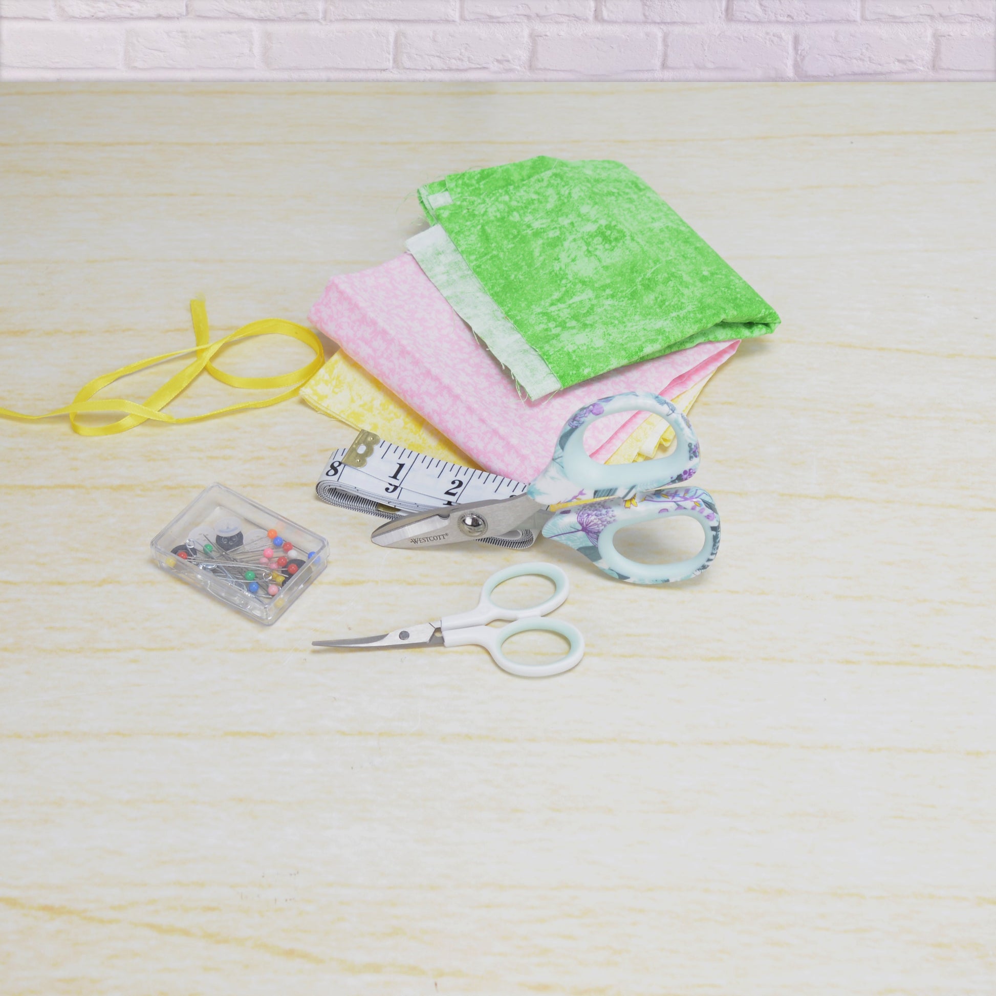 Westcott 4-Piece Sewing Set with Rag Scissors Embroidery Tape Measure Box of Pins and Buttons for Fabric Quilting