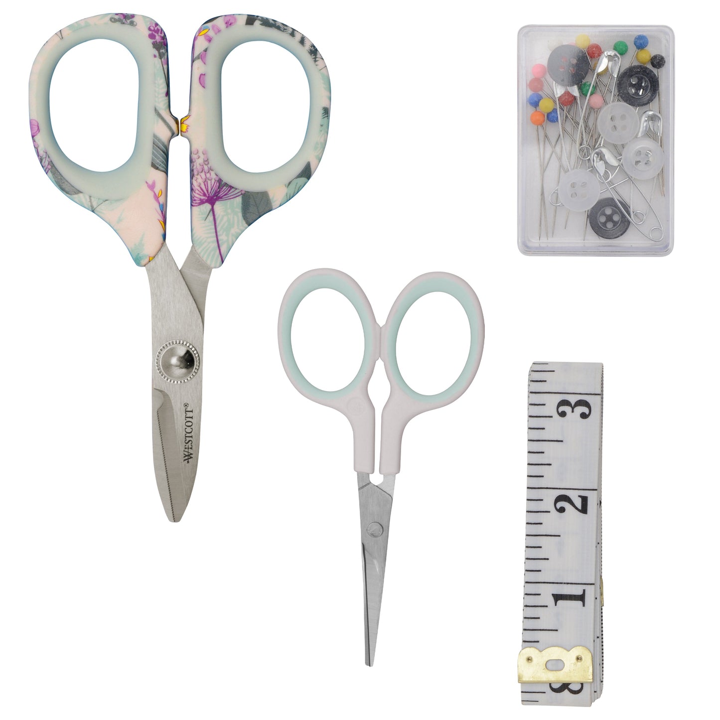 Westcott 4-Piece Sewing Set with Rag Scissors Embroidery Tape Measure Box of Pins and Buttons for Fabric Quilting