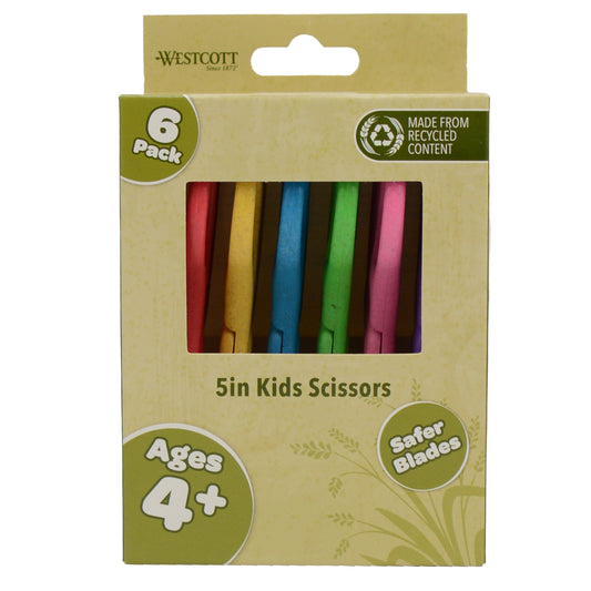 Westcott 5’’ KleenEarth Scissors 6-Pack for Kids Ages 4+ Recycled School and Craft Projects (00684-PARENT) - World’s