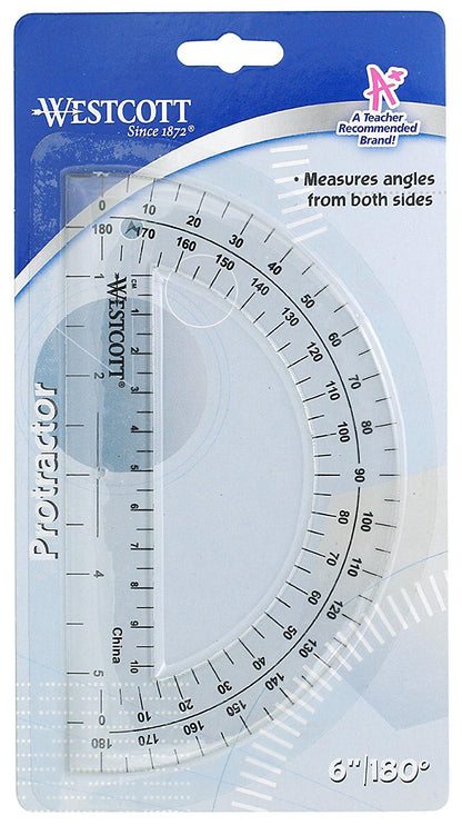 Westcott 6’’ Plastic 180 Degree Protractor Clear (11200)