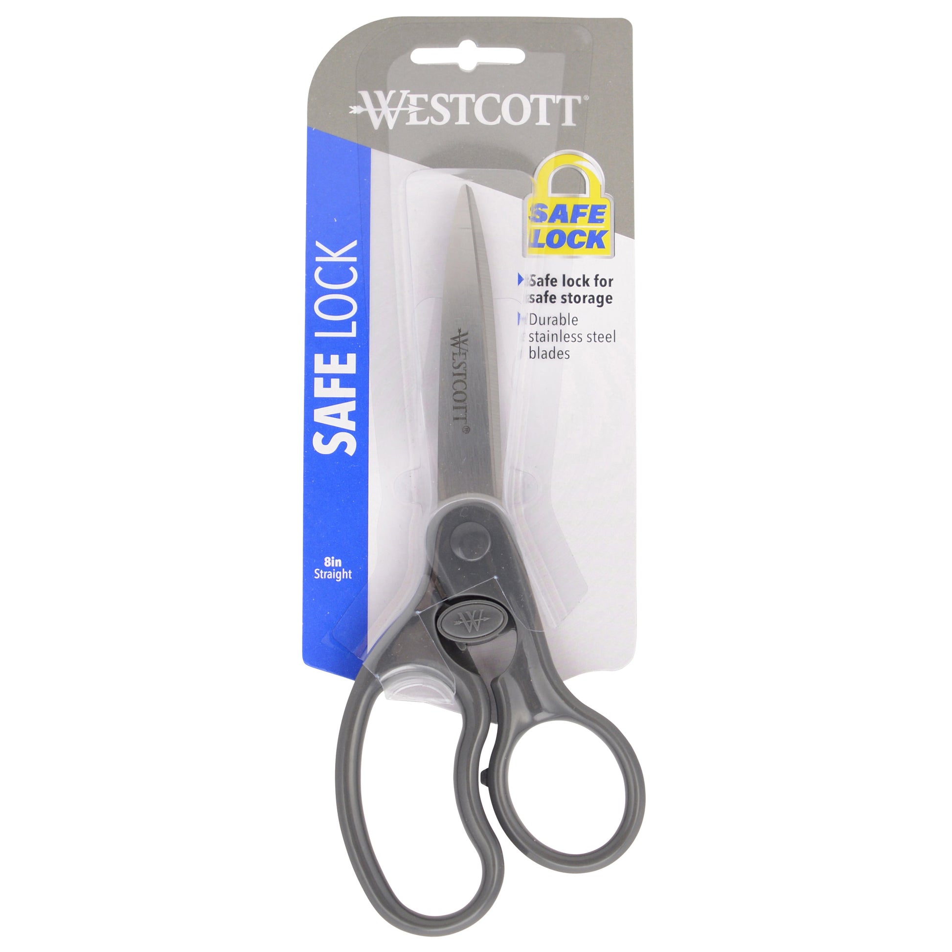 Westcott 8’’ Straight Safe Lock Stainless Steel Scissors Gray All Purpose Home Office and Classroom (01080-Parent)