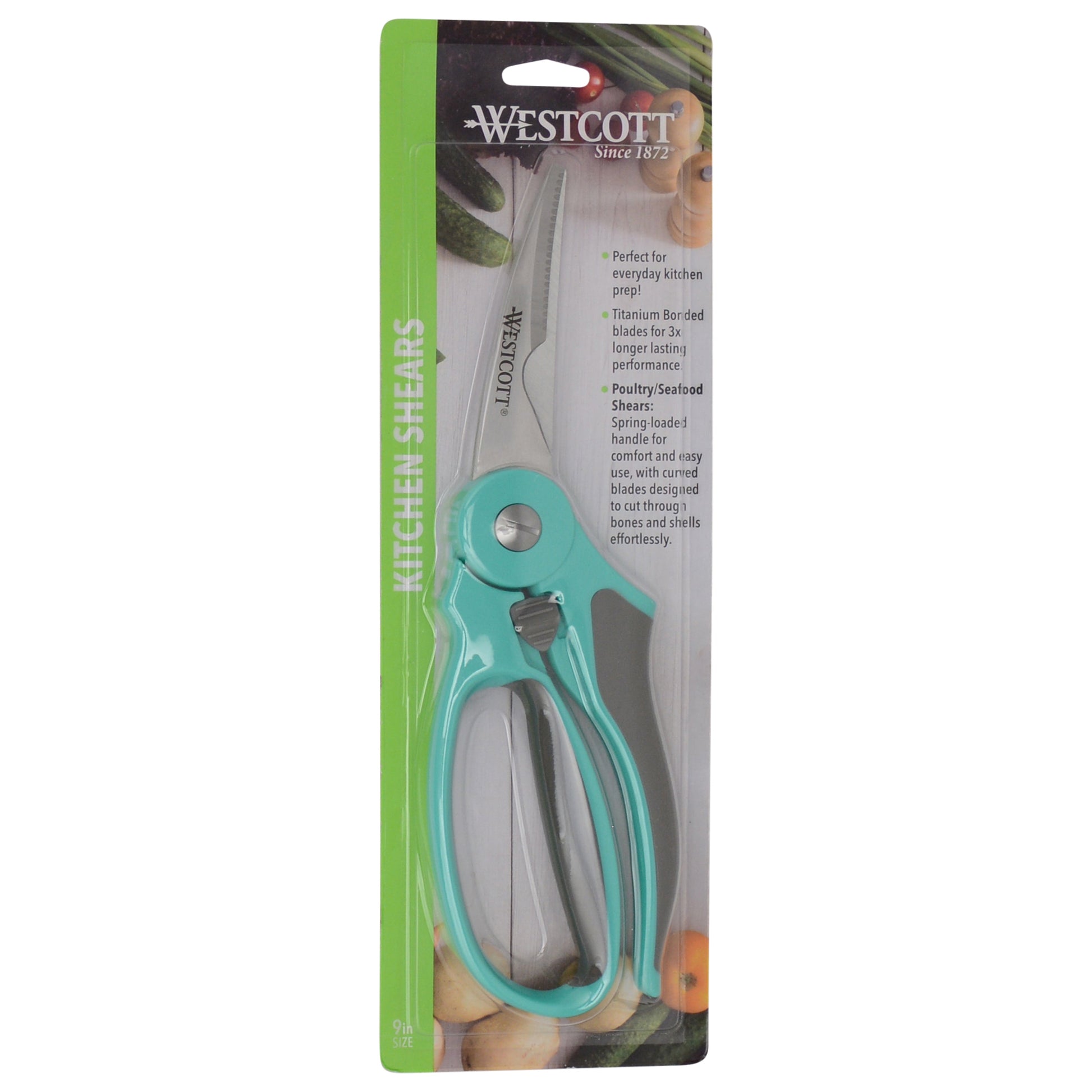 Westcott 9’’ Titanium Bonded Soft Handle Spring Assist Kitchen Shears Teal (00828) - World’s Favorite Scissors