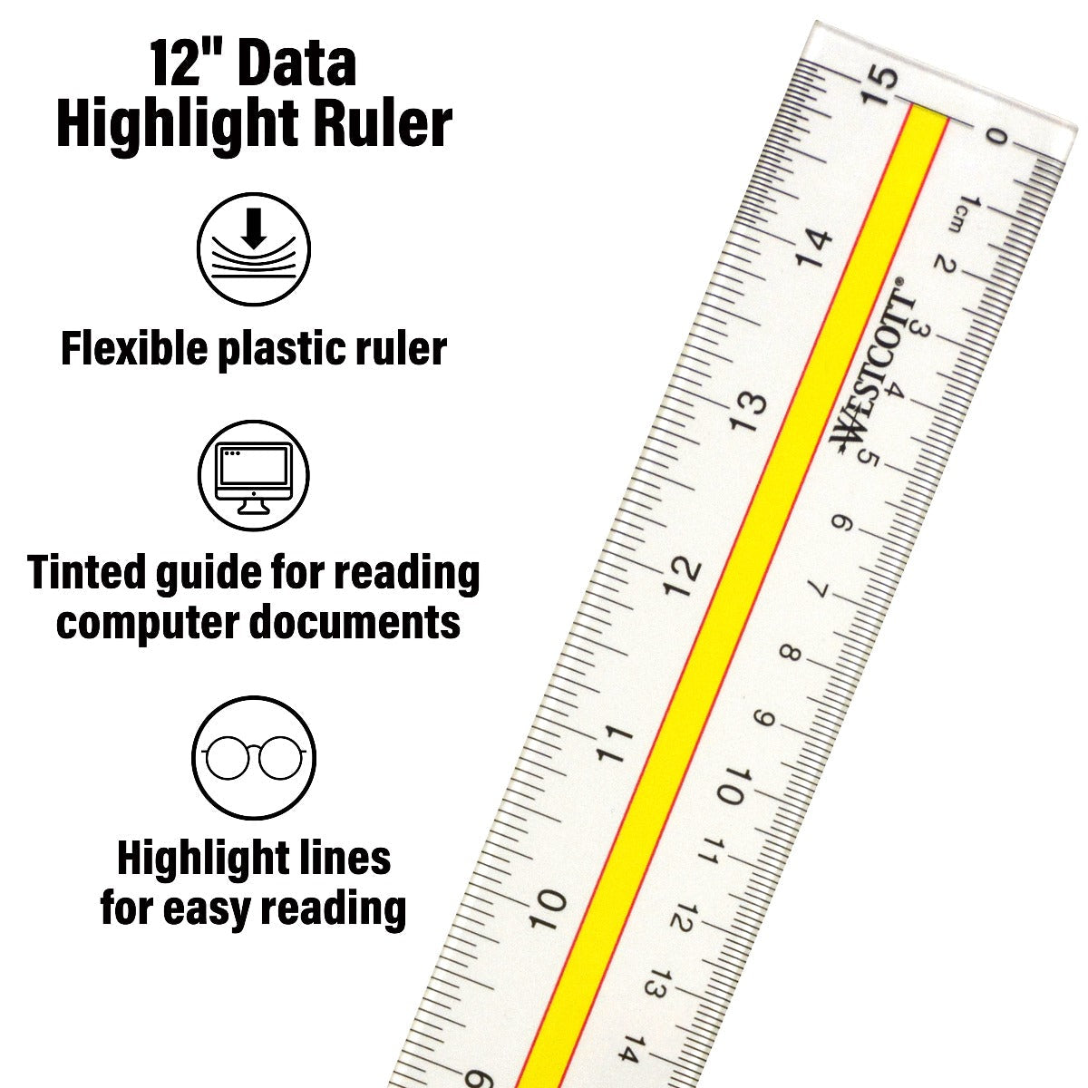Westcott Acrylic Data Highlight Reading Ruler With Tinted Guide, 15