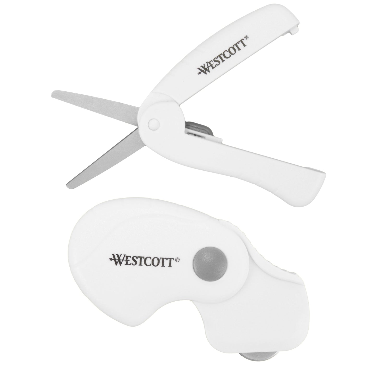 Westcott Folding Scissors and Rotary Cutter Portable Titanium Blades White Handles for Travel Crafting Sewing 2-Piece