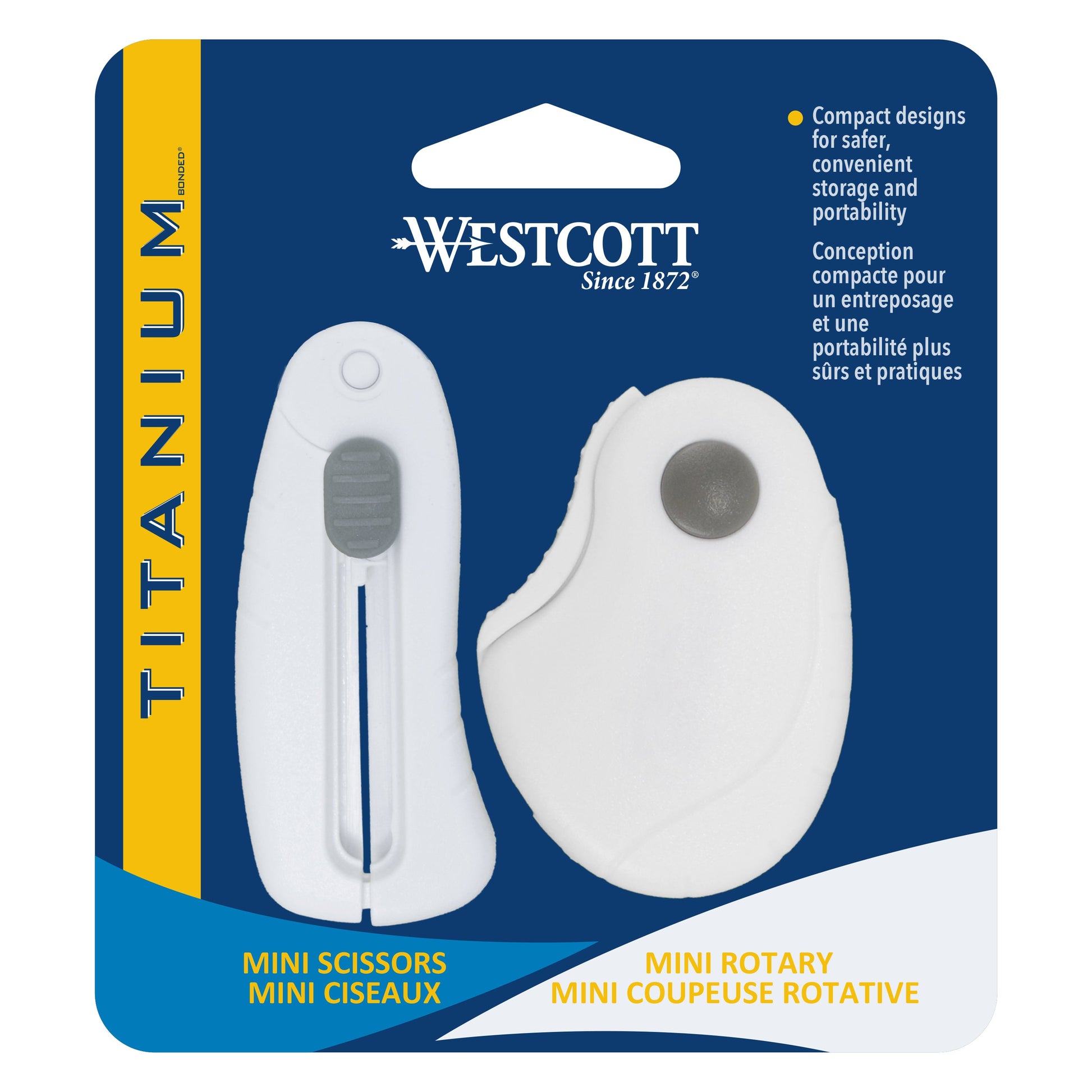 Westcott Folding Scissors and Rotary Cutter Portable Titanium Blades White Handles for Travel Crafting Sewing 2-Piece