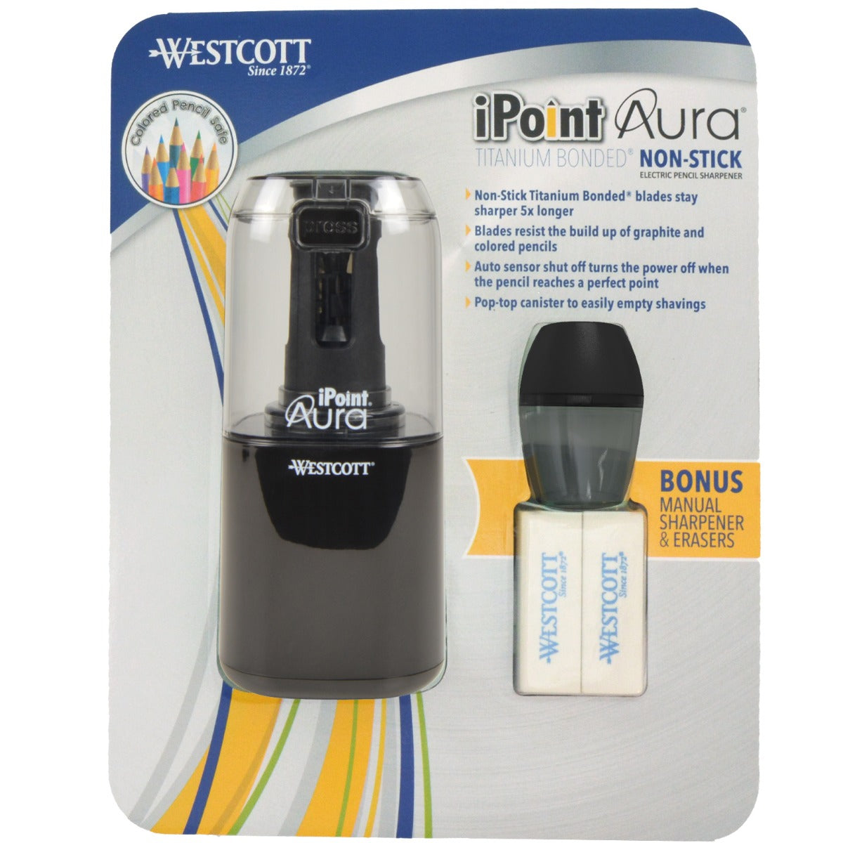 Westcott iPoint Aura Titanium Nonstick Electric Pencil Sharpener (each includes bonus manual sharpener + 2 erasers)