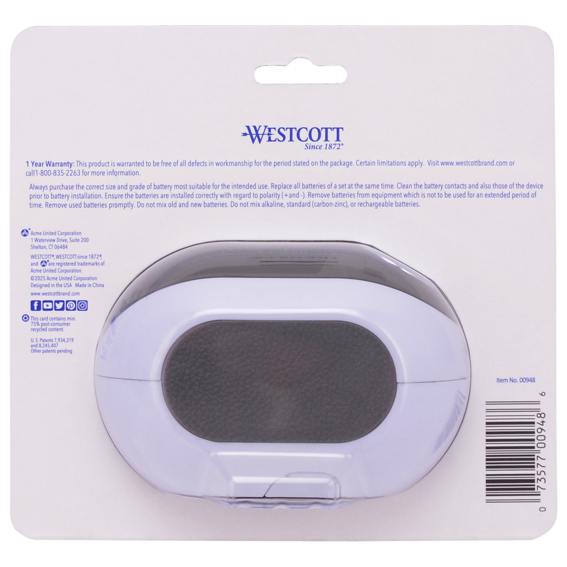 Westcott iPoint Dash Battery Pencil Sharpener White (00948-PARENT) - World’s Favorite Scissors