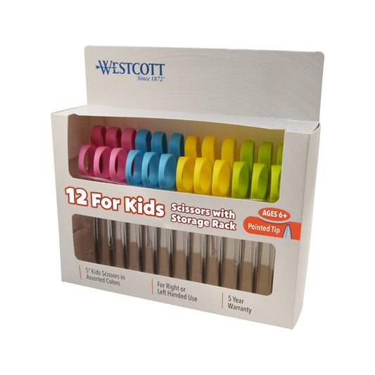 Westcott Kids Pointed Scissors with Storage Rack 5’’ Set of 12 Assorted Colors (04253)