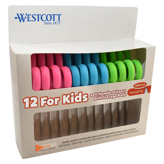 Westcott Soft Handle Kids Scissors with Anti-microbial Protection Assorted Colors 5-Inch Pointed 12 Pack (14874)